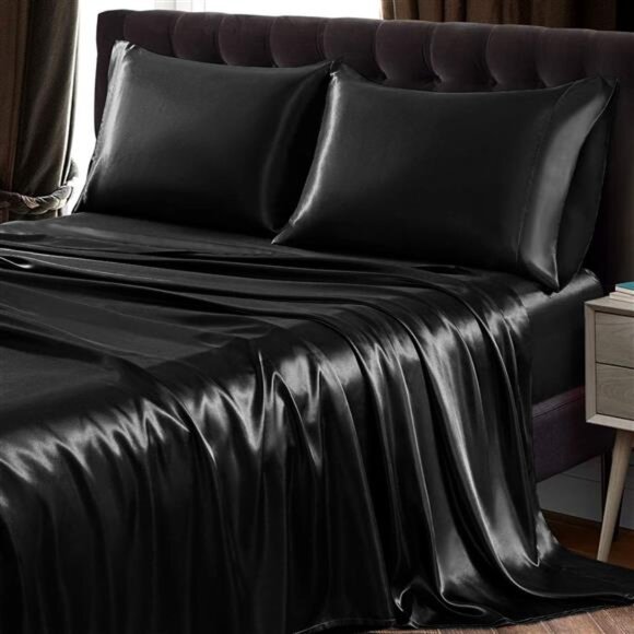 4Pcs Satin Sheet Set Queen Size Ultra Silky Soft Black Satin Queen Bed Sheets - Picture 1 of 7